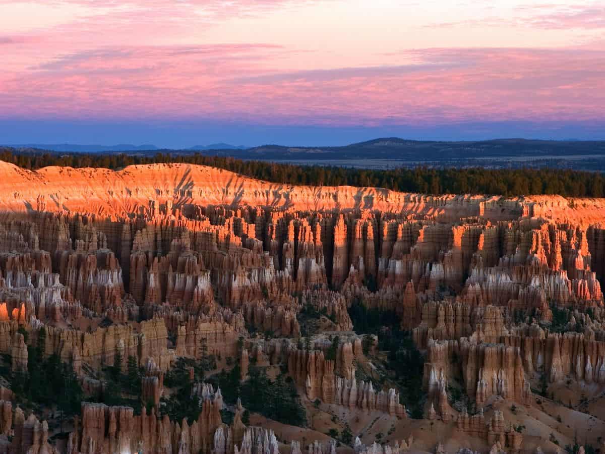 Panoramic view of Bryce Canyon at sunset with rows of hoodoos glowing orange beneath a pink and purple sky. Long shadows stretch across the rock formations creating depth and contrast in the landscape. This scenic overlook captures a must see sunset moment on a Bryce Canyon itinerary.