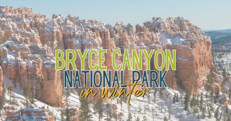 Snow-covered hoodoos in Bryce Canyon National Park in winter with bold text overlay reading “Bryce Canyon National Park in Winter.” The image showcases the park’s iconic red rock formations dusted in snow under a clear blue sky, highlighting its cold-season beauty.