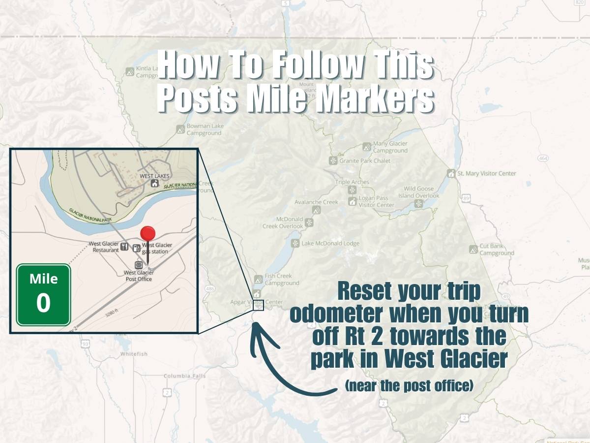 How to follow this Going To The Sun Road stops map: set your odometer to 0 in West Glacier as you turn off Rt 2 towards the park entrance.