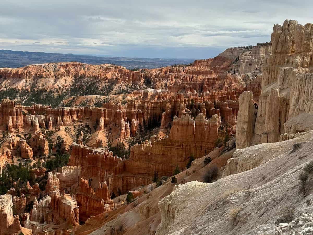 Wide view over Bryce Canyon filled with tall orange and white hoodoo rock spires rising from the canyon floor beneath a cloudy sky. The dramatic landscape highlights the unique rock formations at Bryce Canyon National Park, the final destination on the drive from Zion to Bryce Canyon National Park.
