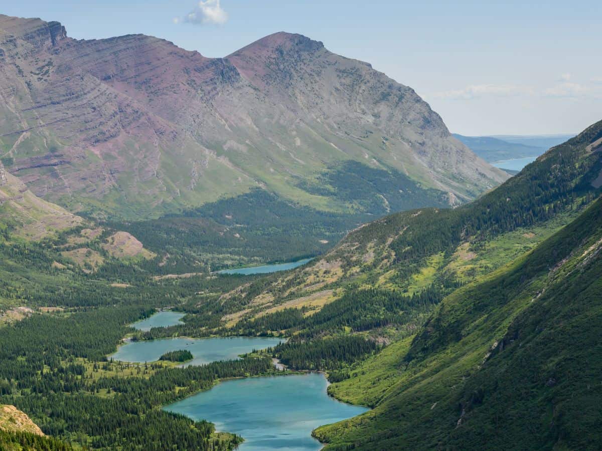 Panoramic view from Swiftcurrent Pass Trail in Glacier National Park, showcasing a series of glacial lakes winding through a forested valley beneath rugged mountain slopes—one of the best hikes in Glacier National Park for sweeping alpine vistas.
