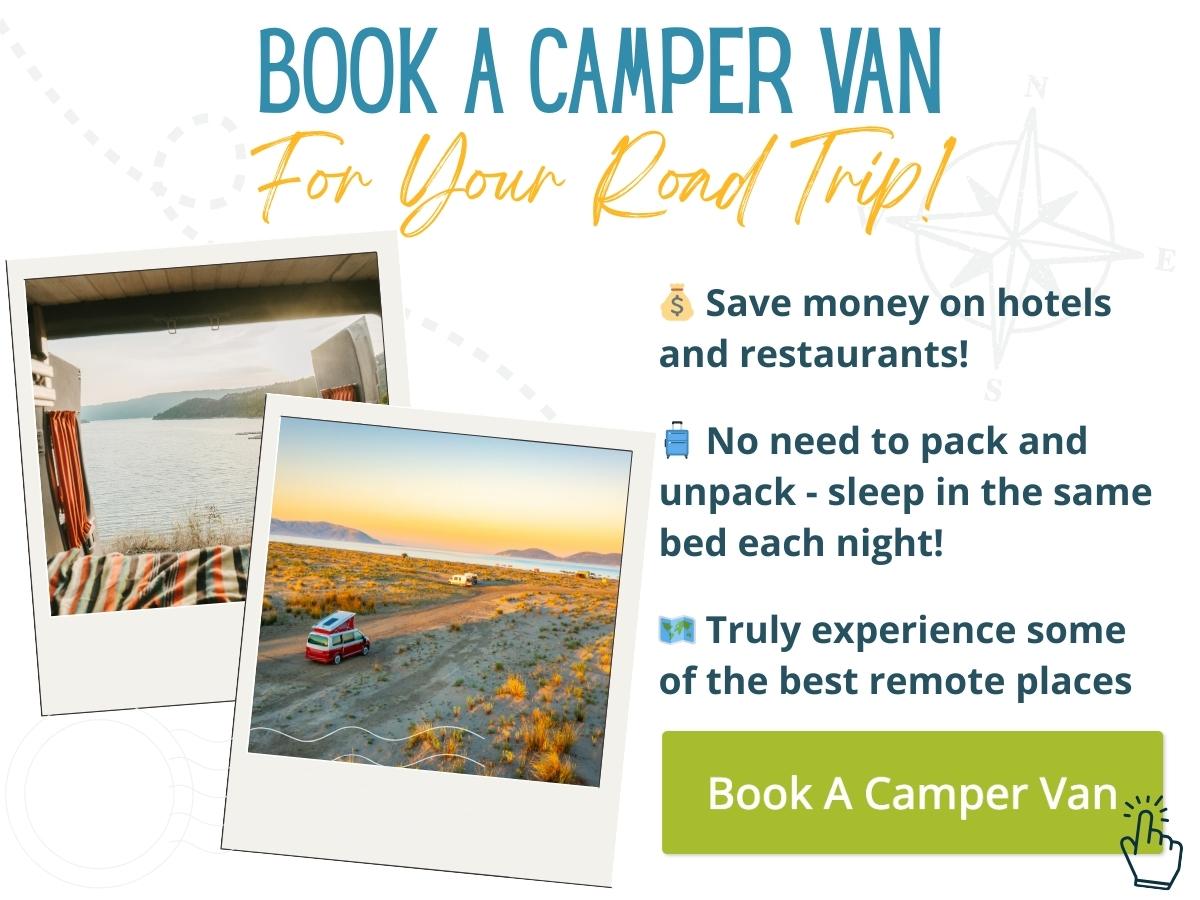 Camper van travel ad featuring lakeside and desert views with text highlighting the benefits of van life—ideal for exploring remote places and saving on the cost of hotels and restaurants.