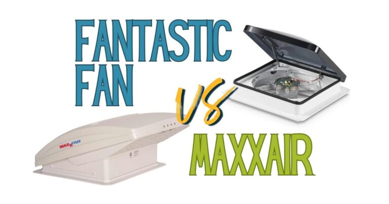 Side-by-side comparison graphic showing the MaxxAir fan on the left and the Fantastic Fan on the right, with bold text reading “Fantastic Fan vs MaxxAir” across the top. This image visually represents the Fantastic Fan vs MaxxAir Fan debate for RV ventilation solutions.
