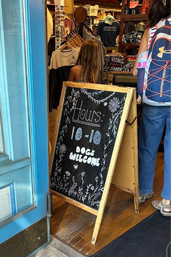 are dogs allowed in Acadia National Park? A chalkboard sign at the entrance of a shop near Acadia National Park displays store hours “10–10” and the message “Dogs Welcome,” surrounded by hand-drawn flowers. This supports “Are dogs allowed in Acadia National Park” by showing pet-friendly shops in Bar Harbor Maine.