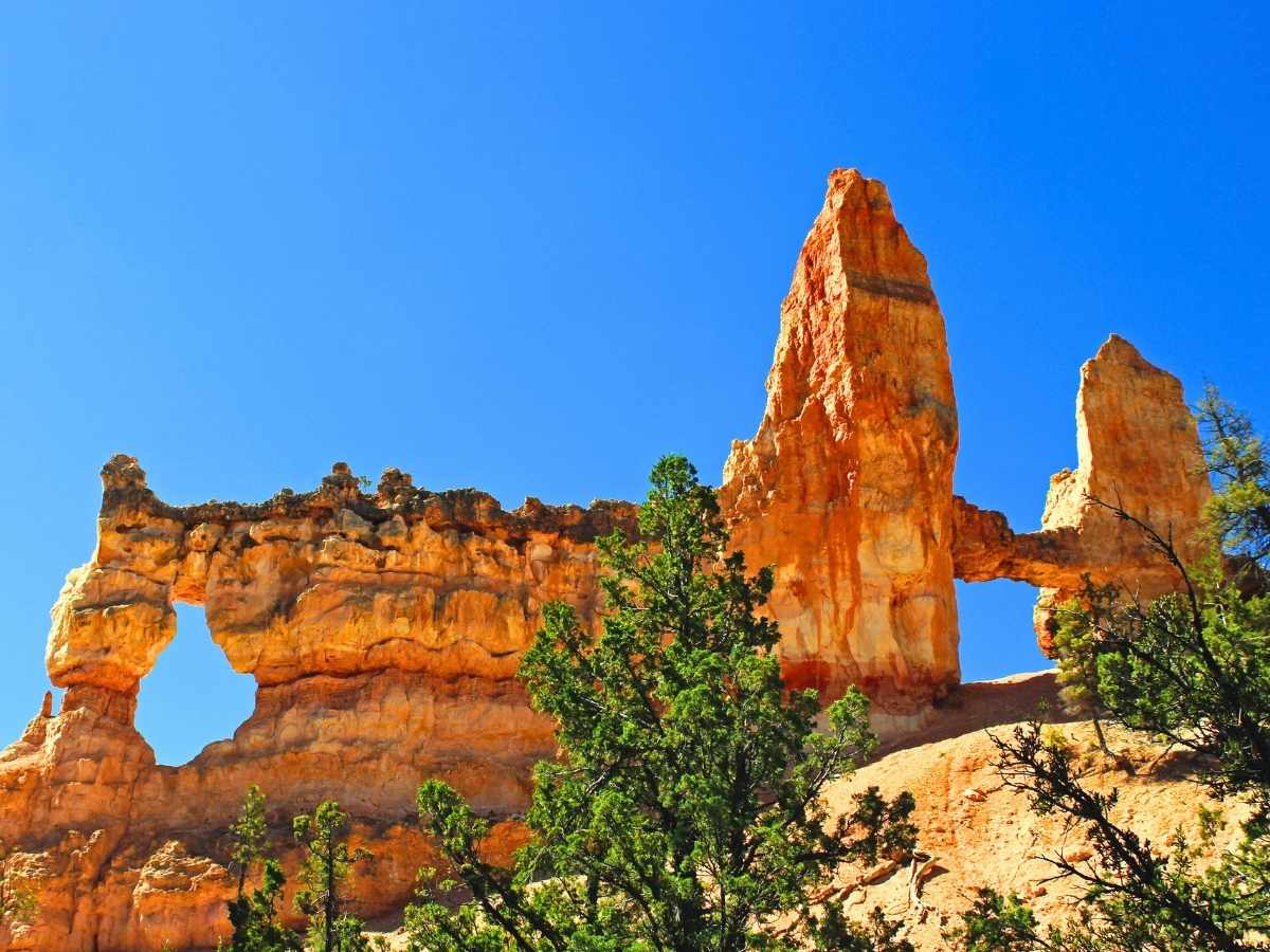 Tall orange hoodoo rock formations rise against a bright blue sky in Bryce Canyon with a natural stone arch connecting two pillars. Green shrubs and trees grow at the base of the formations adding contrast to the warm colored cliffs. This striking viewpoint highlights one of the unique geological features to see on a Bryce Canyon itinerary.