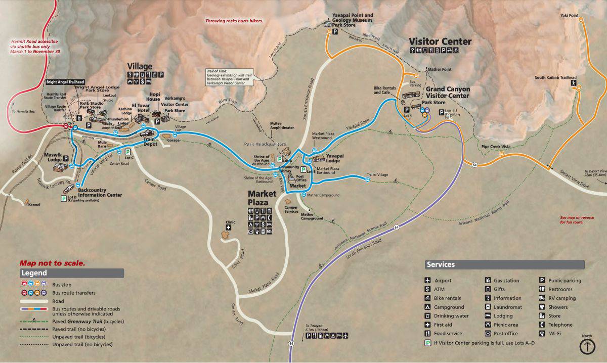 Detailed visitor map of Grand Canyon Village and Market Plaza, highlighting shuttle bus routes, key services, and walking/biking paths around the Visitor Center, Yavapai Lodge, and Bright Angel Trailhead. This map is essential for navigating the South Rim efficiently and planning a well-organized Grand Canyon itinerary.