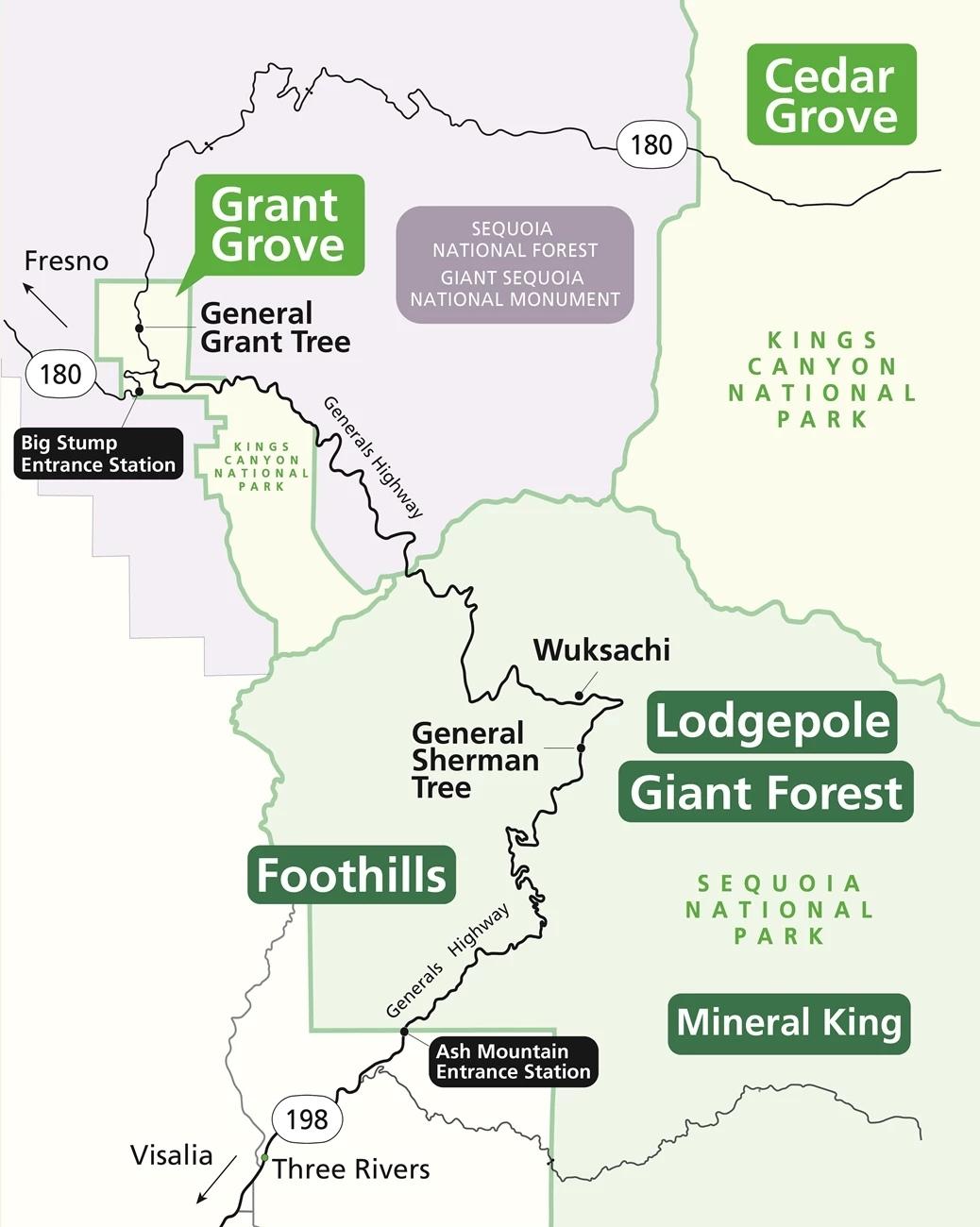Sequoia National Park Itinerary And Kings Canyon Map of Sequoia and Kings Canyon National Parks showing key stops for a Sequoia National Park itinerary, including Foothills, Giant Forest, Lodgepole, Wuksachi, Mineral King, Grant Grove, Cedar Grove, the General Sherman Tree, General Grant Tree, and the Ash Mountain and Big Stump entrance stations. The route highlights Generals Highway and major park regions to help visitors plan their itinerary through the parks.