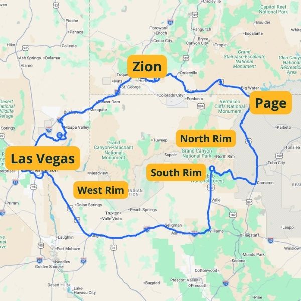 Road trip map showing the route from Las Vegas to Grand Canyon to Zion National Park, highlighting the different locations for West Rim, South Rim and North Rim
