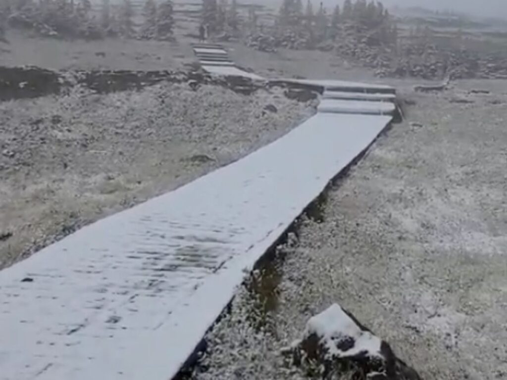 Snowy Boardwalk Along Hidden Lake Overlook Hike In Glacier National Park