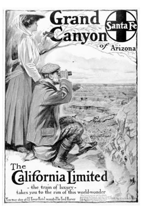 Vintage Santa Fe Railroad advertisement for the Grand Canyon of Arizona, showing a man kneeling with binoculars and a woman standing behind him gazing at the canyon. The poster promotes “The California Limited” luxury train, suggesting it as part of a refined Grand Canyon itinerary, with a stop at the El Tovar Hotel managed by Fred Harvey.
