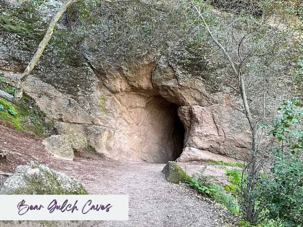 best hikes in Pinnacles National Park itinerary Entrance to Bear Gulch Caves, a rocky cave opening surrounded by trees and moss-covered boulders along one of the best hikes in Pinnacles National Park. Text overlay reads "Bear Gulch Caves."