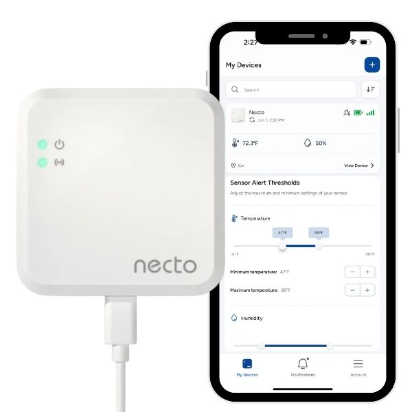 White Necto Pet Temperature Monitor Device Shown Next To A Cell Phone Displaying The Necto Pet Monitor App Showing Current Temperature