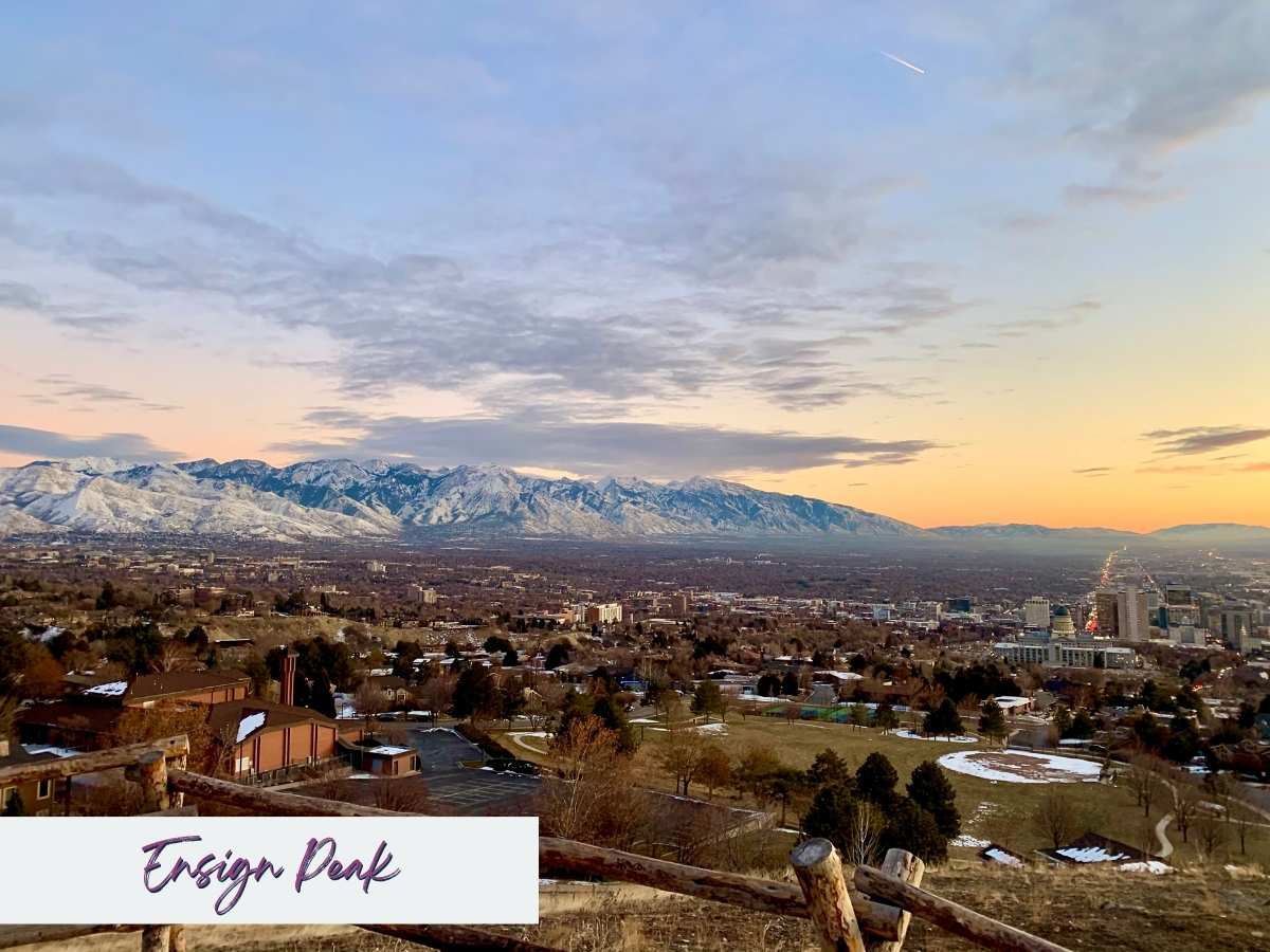 weekend in Salt Lake City itinerary Sunset view from Ensign Peak overlooking downtown Salt Lake City and the snow-dusted Wasatch Mountains, offering a breathtaking vista to wrap up a weekend in Salt Lake City itinerary.