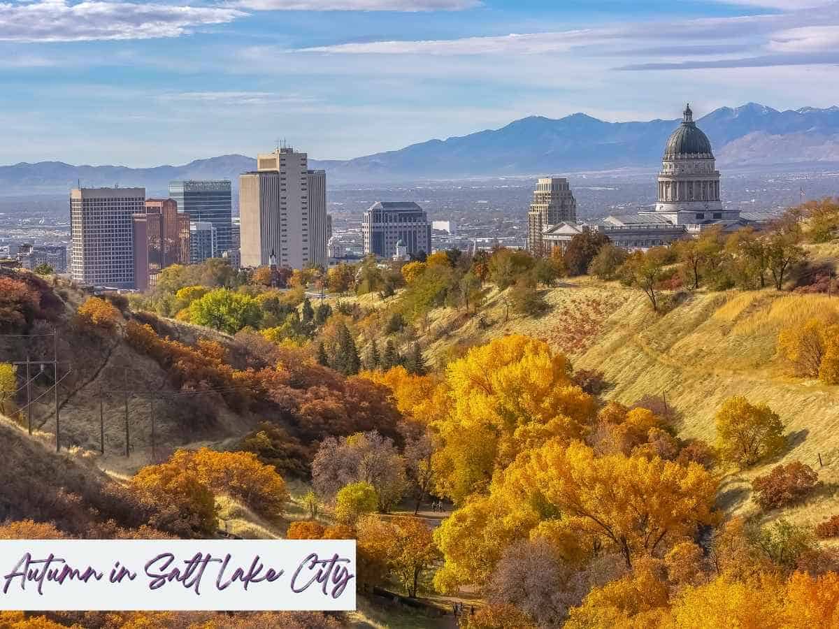 weekend in Salt Lake City itinerary Panoramic view of Salt Lake City in autumn with golden foliage, the Utah State Capitol, and city skyline set against the mountains—a stunning seasonal backdrop for a weekend in Salt Lake City itinerary.