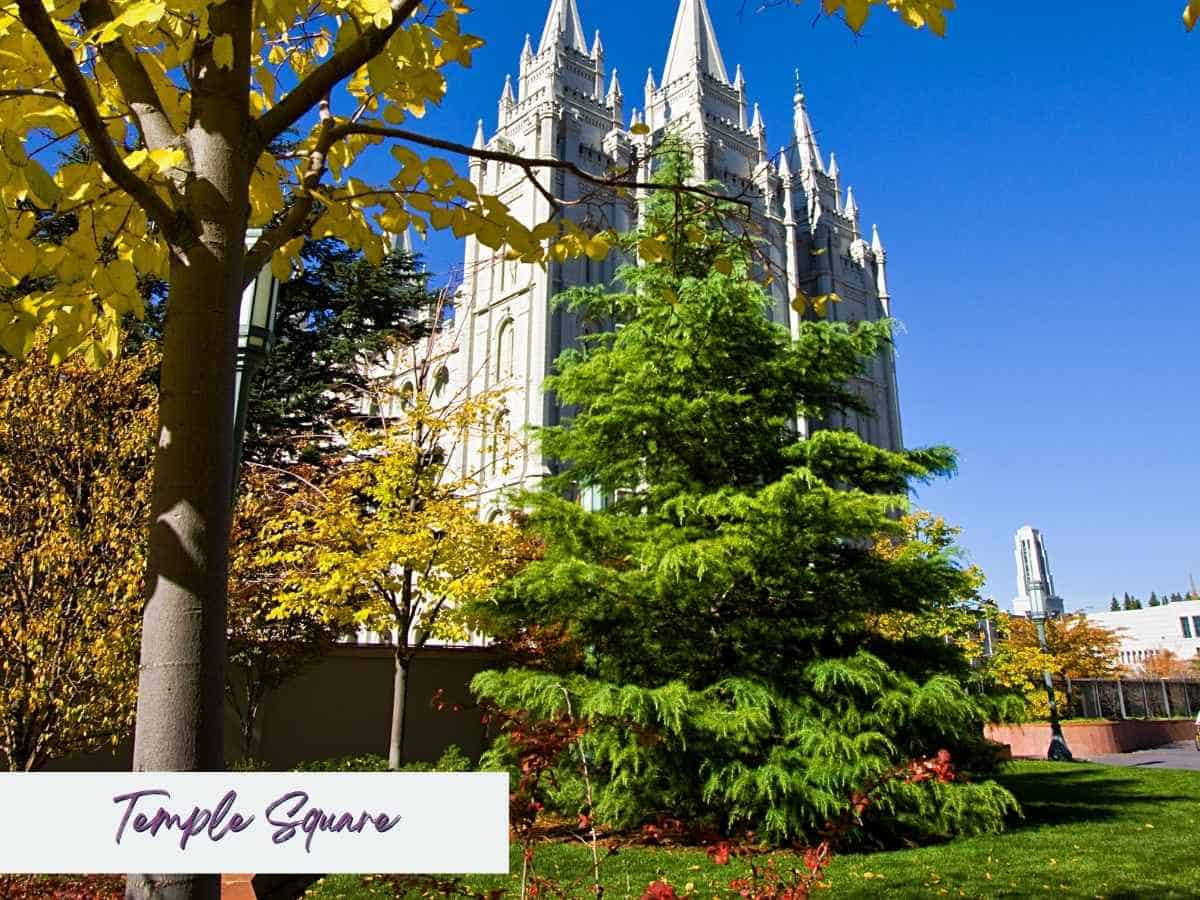 weekend in Salt Lake City itinerary The Salt Lake Temple rising behind colorful autumn trees in Temple Square, a historic and architectural landmark that’s a key stop on a weekend in Salt Lake City itinerary.
