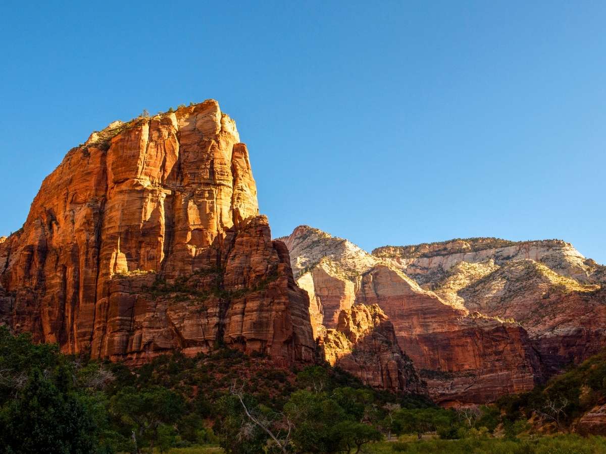 Towering red and white sandstone cliffs glowing in golden sunlight against a clear blue sky in Zion National Park, illustrating the park’s dramatic scenery and one of the best things to do in Zion National Park besides hiking—scenic photography and sightseeing.
