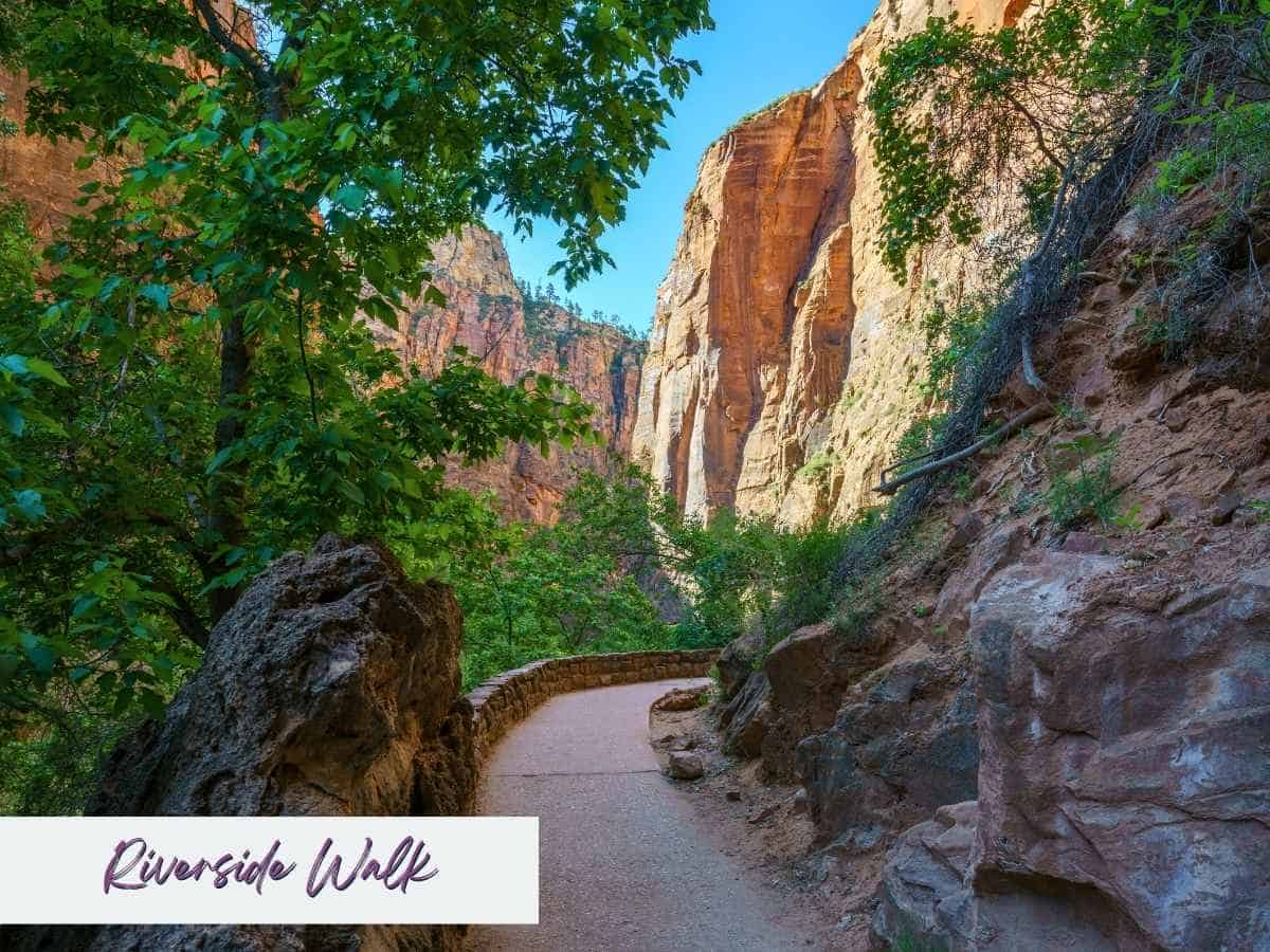 Paved path of the Riverside Walk shaded by lush trees and flanked by towering sandstone cliffs, offering a peaceful and scenic alternative among the best things to do in Zion National Park besides hiking. Text overlay reads “Riverside Walk.”