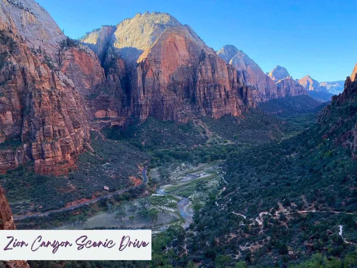 Panoramic view of Zion Canyon from above with towering red rock cliffs and a winding scenic road below, highlighting one of the best things to do in Zion National Park besides hiking. Text overlay reads “Zion Canyon Scenic Drive.”
