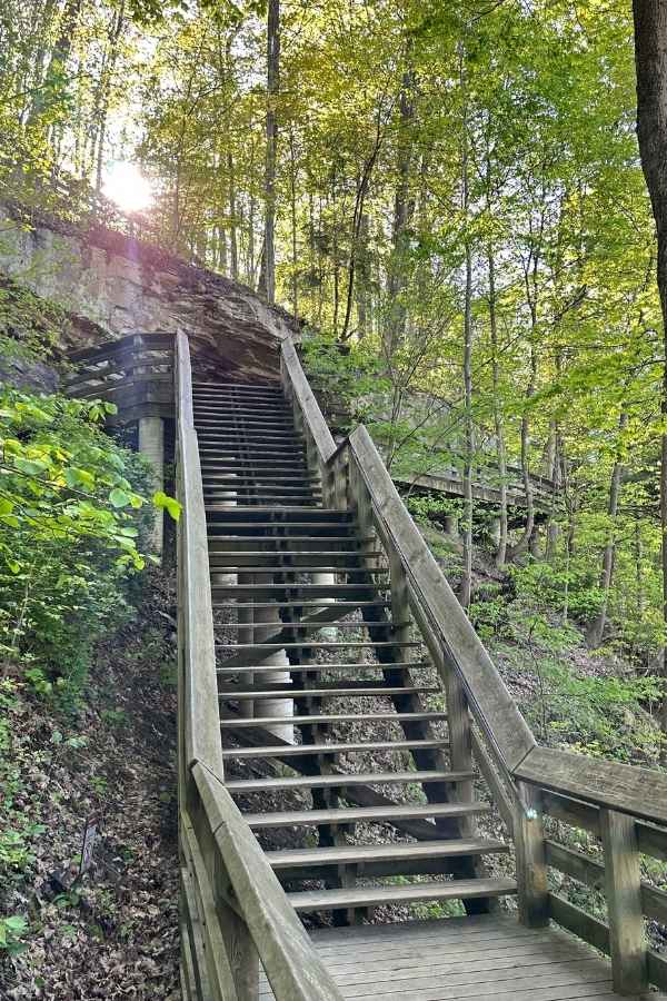 A tall wooden staircase ascends from Brandywine Falls through a forested area in Cuyahoga Valley National Park, with sunlight peeking through the trees above. Climbing this stairway leads to scenic views and is part of the adventure in the best things to do in Cuyahoga Valley National Park itinerary.