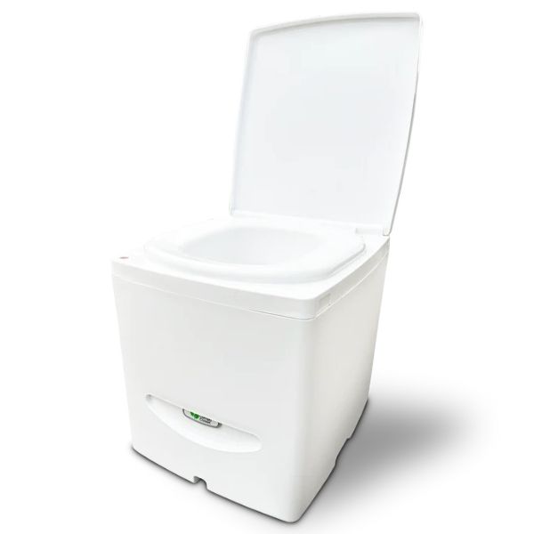 White Cuddy Lite composting toilet with lid open, showcasing its compact, all-white design and integrated base. Featured in a Trelino vs Cuddy Lite composting toilet review for its minimalist build and space-saving functionality.