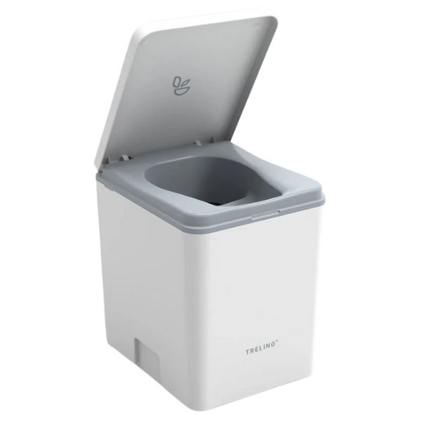 White Trelino composting toilet with lid open, revealing a gray inner seat and compact, modern design. The eco-friendly logo is visible on the inside of the lid, highlighting its sustainable focus in a Trelino vs Cuddy Lite composting toilet review comparison.