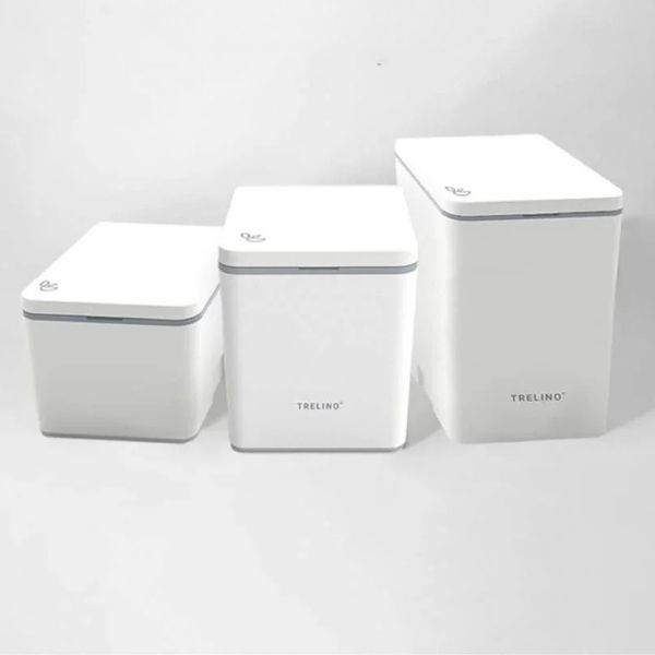 Three Trelino composting toilets in small, medium, and large sizes arranged side by side against a plain white background. Highlighted in a Trelino vs Cuddy Lite composting toilet review to show the range of size options available for different space and capacity needs.