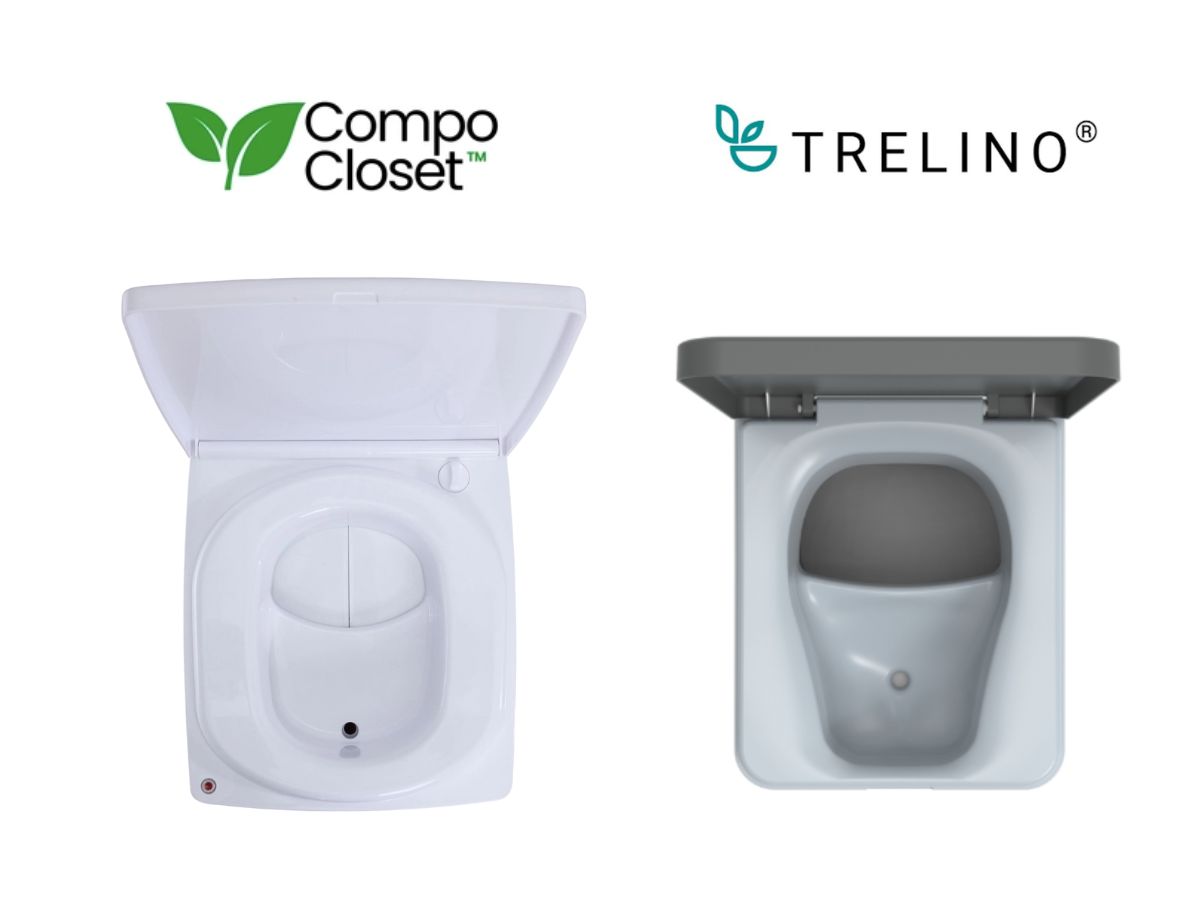 Side-by-side top view comparison of the Compo Closet Cuddy Lite (left) and Trelino composting toilet (right), both with lids open, highlighting their internal designs and waste separation layouts. Logos for each brand are positioned above their respective toilets in a Trelino vs Cuddy Lite composting toilet review visual comparison.