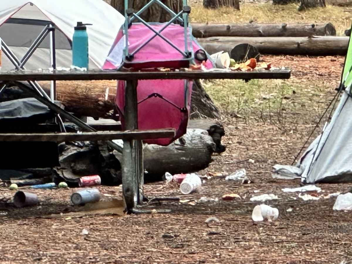 A messy campsite shows tents and a picnic table surrounded by scattered trash including cans, bottles, and food containers on the ground in Yosemite National Park. The littered area highlights the importance of responsible camping and Leave No Trace practices when planning a Yosemite itinerary.