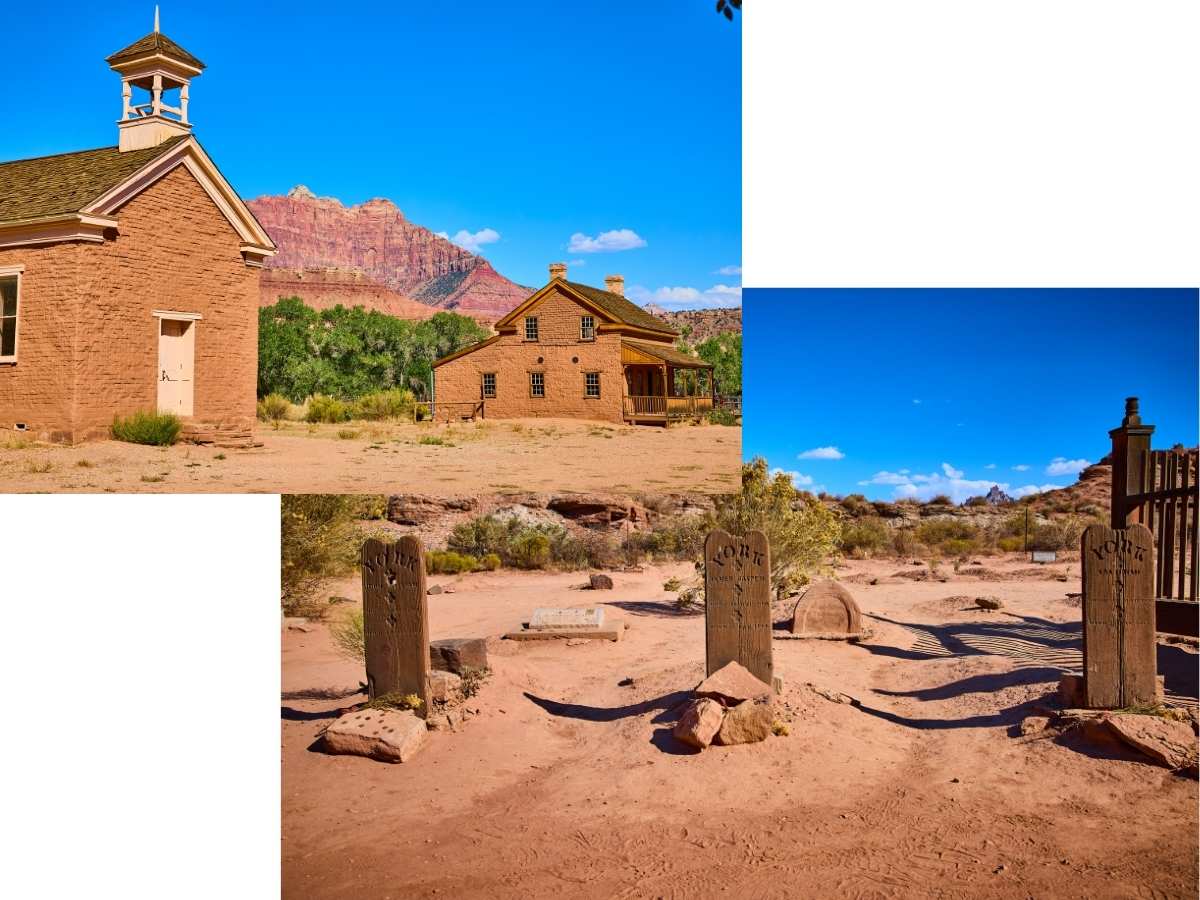 Grafton Ghost Town historic brick church and pioneer home set against red rock cliffs, paired with an old cemetery in the desert landscape along a las vegas to zion national park road trip. The image highlights preserved 19th century buildings and weathered gravestones under a bright blue sky, showcasing the cultural history found near Zion.