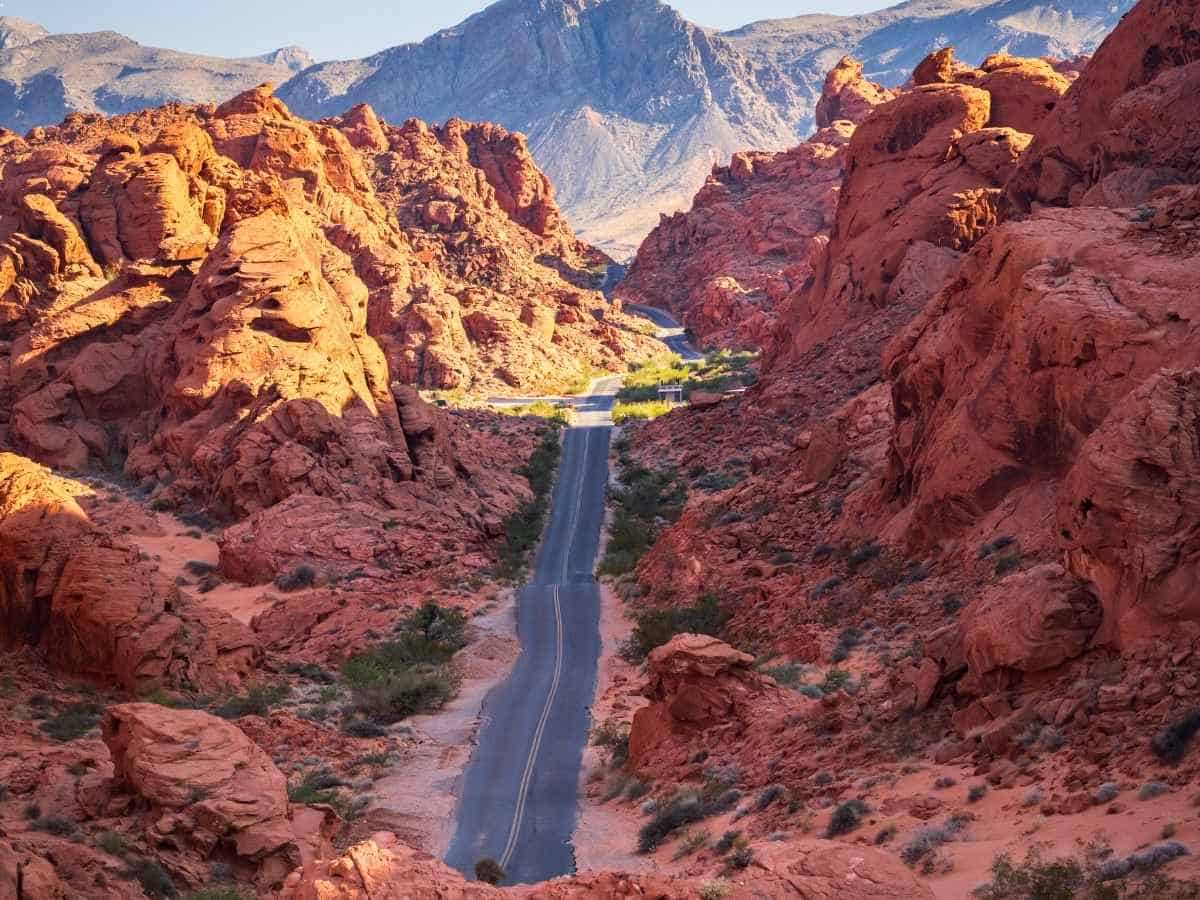 Two lane Mouse Tank Road in Valley of Fire State Park winding through towering red rock formations and desert cliffs, capturing the dramatic scenery of a las vegas to zion national park road trip. The road cuts through vibrant sandstone canyon walls with rugged mountains rising in the distance under a clear blue sky.
