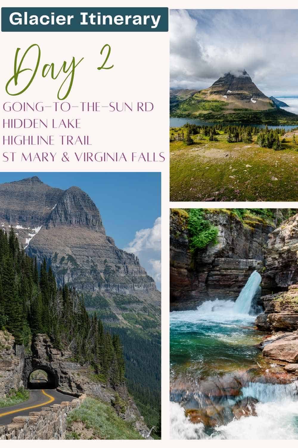Graphic for a Glacier National Park itinerary that reads "Glacier Itinerary Day 2 Going-to-the-Sun Rd Hidden Lake Highline Trail St Mary & Virginia Falls". Photos show a mountain rising above a lake, the Going-to-the-Sun Road passing through a stone tunnel beneath steep cliffs, and a turquoise waterfall cascading into a rocky pool.