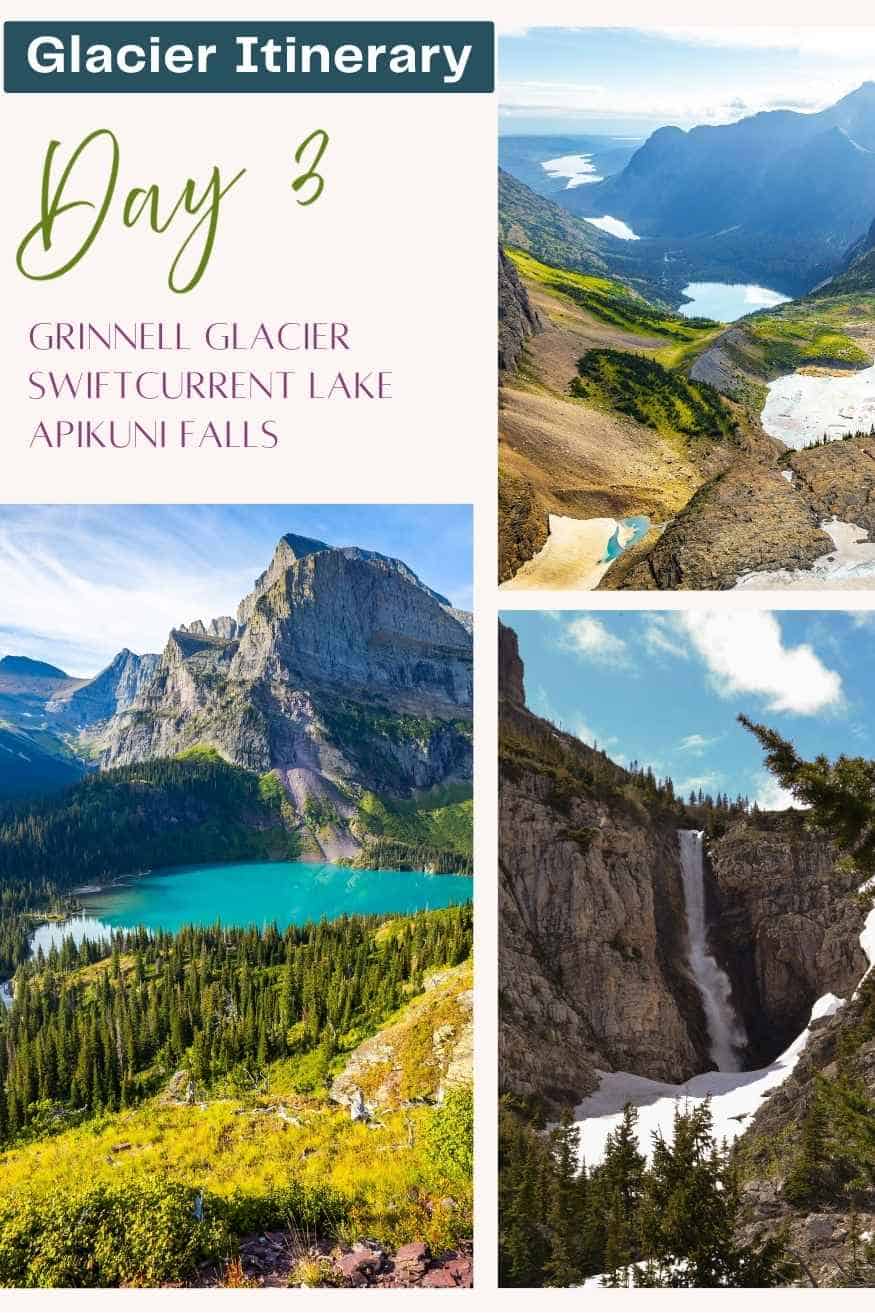 Graphic for a Glacier National Park itinerary that reads "Glacier Itinerary Day 3 Grinnell Glacier Swiftcurrent Lake Apikuni Falls". Photos show a sweeping alpine valley with multiple lakes, a turquoise lake beneath steep cliffs and evergreen forest, and a tall waterfall plunging down a rocky canyon.