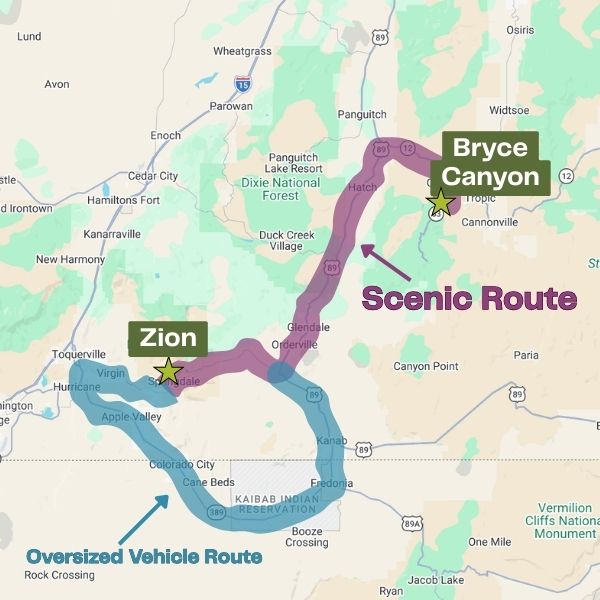 Map showing the drive from Zion to Bryce Canyon National Park with a purple scenic route connecting the two parks through Highway 89 and Scenic Byway 12. A blue alternative path labeled “Oversized Vehicle Route” loops south around Zion while the main scenic route highlights the direct drive between Zion National Park and Bryce Canyon National Park.