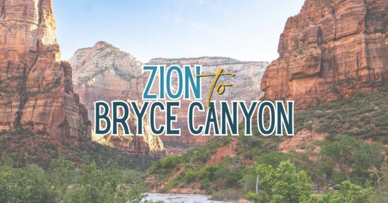 Red rock cliffs rise above a green valley and river in Zion National Park with large text across the center reading “Zion to Bryce Canyon.” The scenic canyon landscape introduces the road trip from Zion to Bryce Canyon National Park.