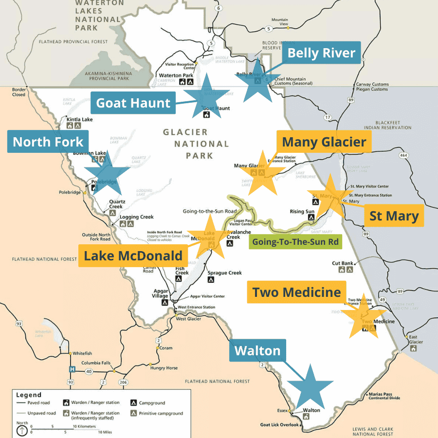 Map used in a Glacier National Park itinerary showing major regions and entrances marked with star icons across the park. Labels on the map read "Belly River" "Goat Haunt" "North Fork" "Many Glacier" "St Mary" "Two Medicine" "Lake McDonald" "Walton" and "Going-To-The-Sun Rd" with surrounding roads lakes and park boundaries visible.