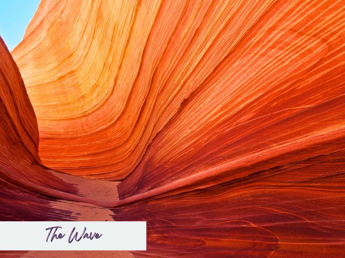 Swirling red and orange sandstone walls curve through a narrow canyon at The Wave creating dramatic layered patterns shaped by wind and erosion. The famous rock formation is a striking natural landmark often visited on trips between Zion to Bryce Canyon National Park with the text “The Wave” written in the bottom corner.