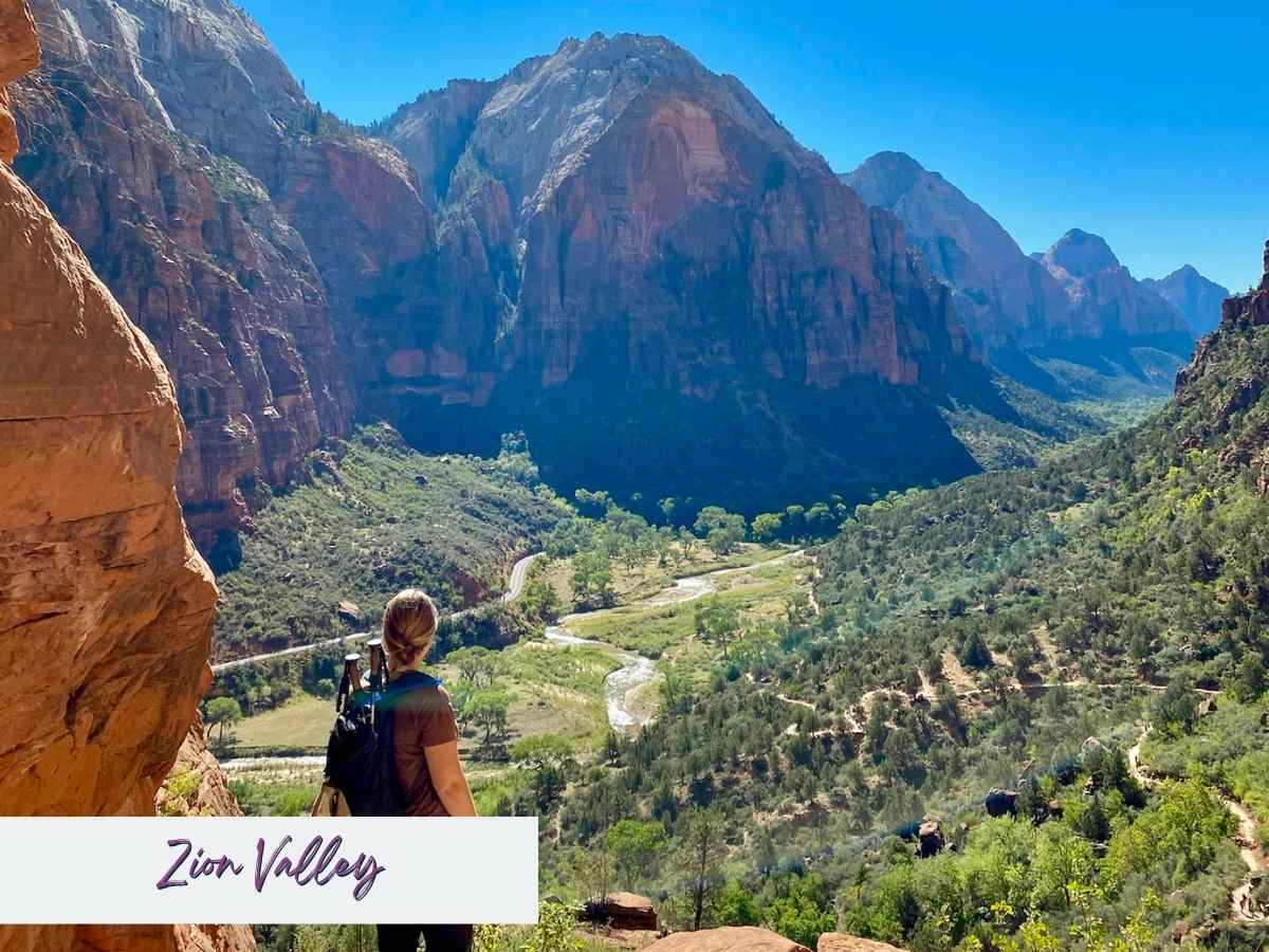 Hiker standing at a Zion Valley overlook with sweeping views of towering red rock cliffs and the winding Virgin River below. Text on the image reads Zion Valley, capturing a scenic highlight often included in a Zion National Park itinerary for panoramic views and classic canyon landscapes.
