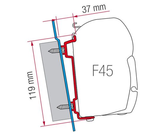 Technical side view diagram of a wall mounted awning bracket 98655-741 for Ford Transit high roof or Mercedes Sprinter labeled "F45" with measurements "37 mm" and "119 mm" showing spacing from the vehicle surface. Illustration highlights mounting clearance and fitment details relevant to a Fiamma F45S vs F80S awning installation.