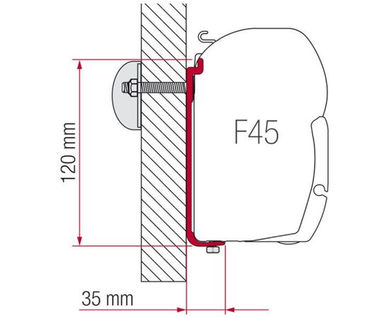 Technical side view diagram of a wall mounted awning bracket 98655-391 labeled "F45" with measurements "120 mm" and "35 mm" showing bracket depth and mounting distance from the surface. Illustration highlights installation spacing relevant to fitting a Fiamma F45S vs F80S awning on a flat wall.