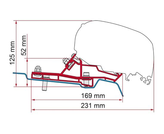 Technical cross section diagram of a Ford Transit 148" mid roof camper van awning mount 98655Z167 with labeled measurements including "125 mm", "52 mm", "169 mm", and "231 mm" showing bracket positioning and extended base support across the roofline. Illustration highlights installation dimensions relevant to fitting a Fiamma F45S vs F80S awning on wider vehicle roof profiles.