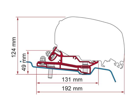 Technical cross section diagram of a Ford Transit High Roof H3 camper van awning mount 98655Z108 with labeled measurements including "124 mm", "49 mm", "131 mm", and "192 mm" showing bracket alignment and roof contour. Illustration highlights installation dimensions relevant to fitting a Fiamma F45S vs F80S awning on different vehicle setups.