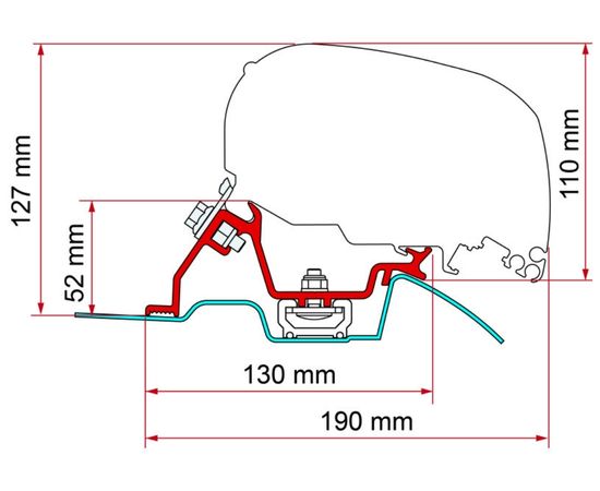 Technical cross section diagram of a Mercedes Sprinter with OEM rails camper van awning mount 98655-772 with labeled measurements including "127 mm", "52 mm", "130 mm", "190 mm", and "110 mm" showing bracket placement and roof profile differences. Illustration highlights fitment dimensions relevant to installing a Fiamma F45S vs F80S awning on various vehicle roofs.