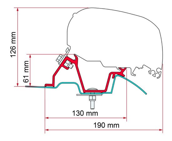 Technical cross section diagram of a Mercedes Sprinter without OEM rails camper van awning mount 98655-746 with labeled measurements including "126 mm", "61 mm", "130 mm", and "190 mm" showing bracket positioning and roof curvature. Illustration highlights installation dimensions relevant to fitting a Fiamma F45S vs F80S awning on different vehicle profiles.