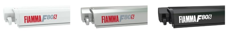 Three Fiamma awning cassette units displayed in different finishes mounted on a white background. Branding reads "FIAMMA F80S" showing available casing color options relevant to a Fiamma F45S vs F80S awning comparison.