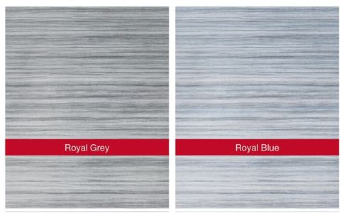 Two fabric swatches displayed side by side with subtle horizontal texture patterns. Overlaid labels read "Royal Grey" and "Royal Blue" showing color options available for a Fiamma F45S vs F80S awning fabric.