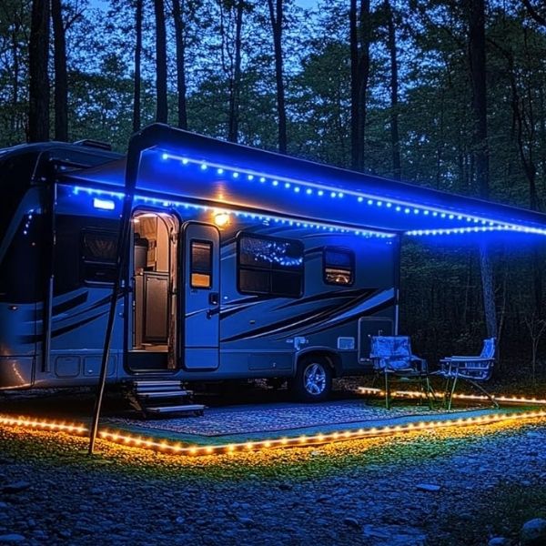Camper trailer parked in a forest at dusk with a large extended awning lit by blue LED strip lights creating a covered outdoor seating area. Glowing perimeter lights and chairs underneath highlight a nighttime camping setup featuring a Fiamma F45S vs F80S awning style installation.