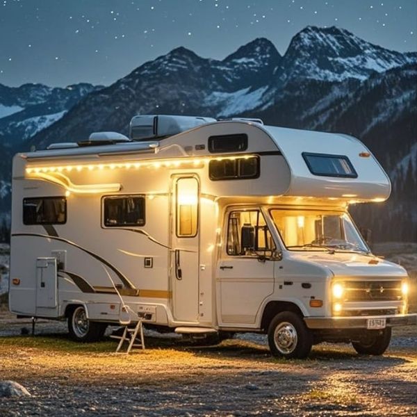 White camper van parked outdoors at night with warm string lights glowing along the side and mountains in the background under a starry sky. Scene highlights a cozy van life setup with exterior lighting similar to what you might use alongside a Fiamma F45S vs F80S awning.