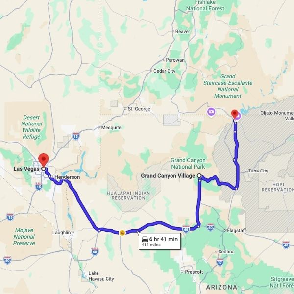 Las Vegas to Page Arizona road trip map showing the southern route via Grand Canyon, approximately 413 miles and 6 hours 41 minutes of driving