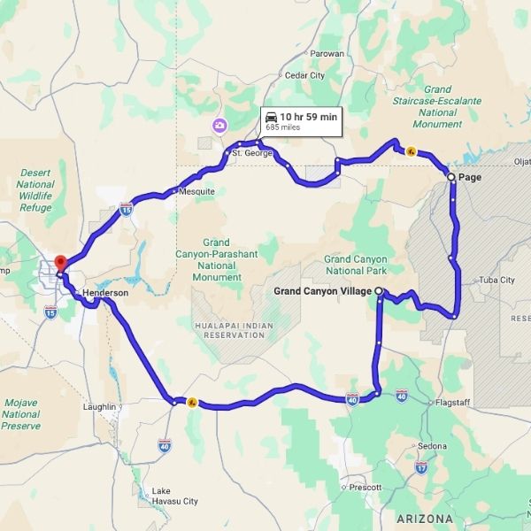 Las Vegas to Page Arizona loop road trip map showing the full route via Zion National Park to the north and Grand Canyon to the south, approximately 685 miles and 10 hours 59 minutes of driving
