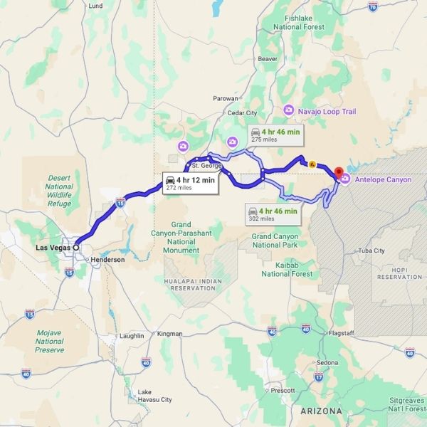 Las Vegas to Page Arizona road trip map showing the northern route via Zion National Park, approximately 272 miles and 4 hours 12 minutes of driving